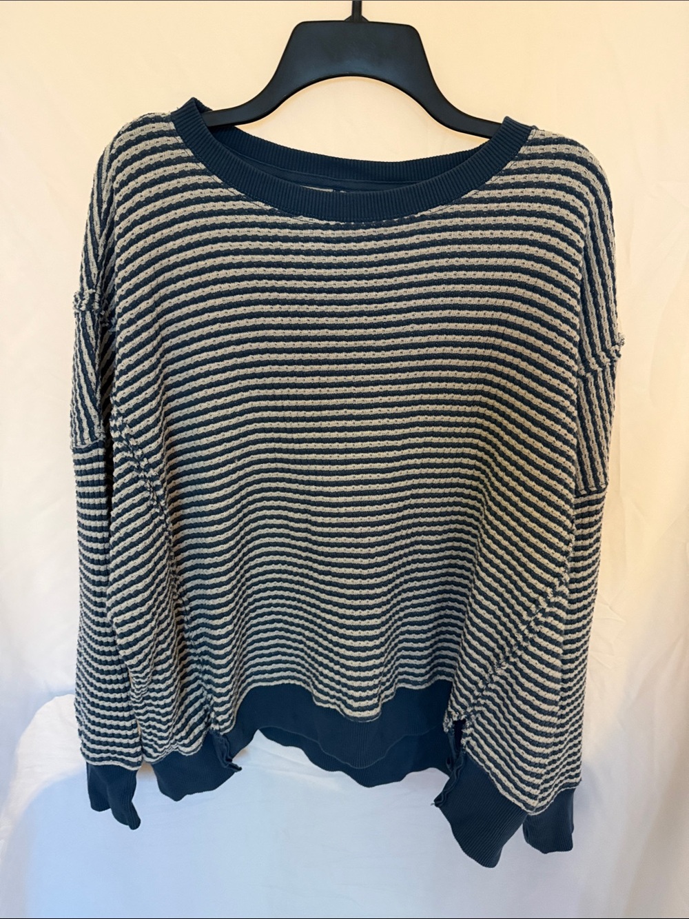 American Eagle Outfitters Navy and Cream Striped Crewneck Sweater